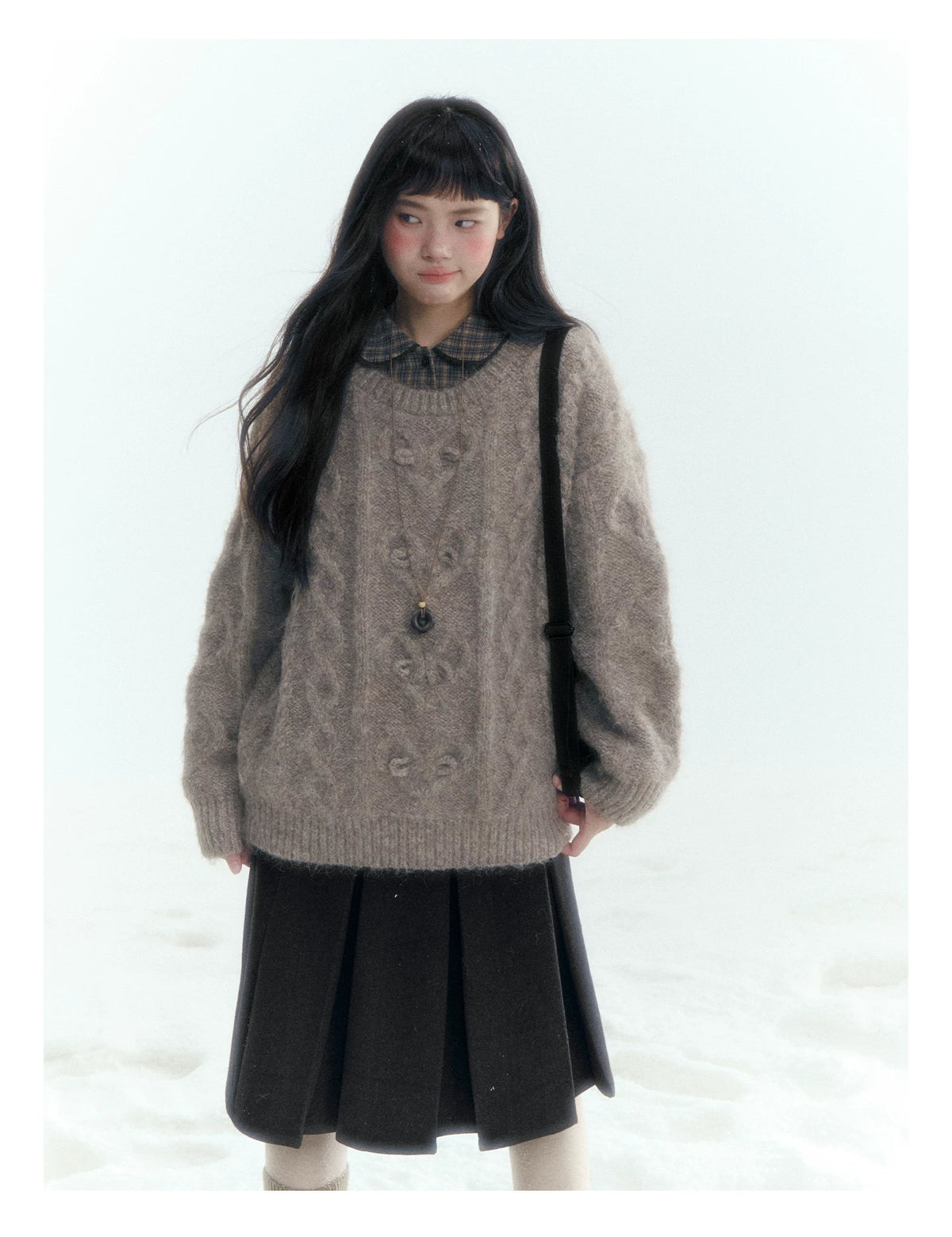 Horridale - Vintage Cable-Knit Heart-Texture Sweater – Smoky Gray