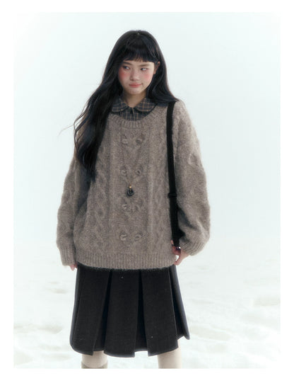 Horridale - Vintage Cable-Knit Heart-Texture Sweater – Smoky Gray