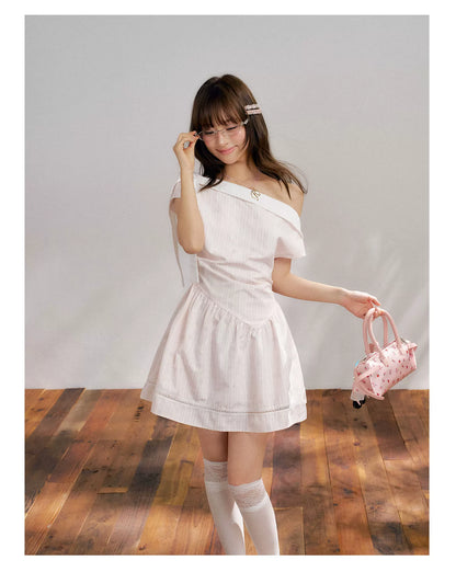 “Cloud Ballet Reverie” Blush Pink Off-Shoulder Dress