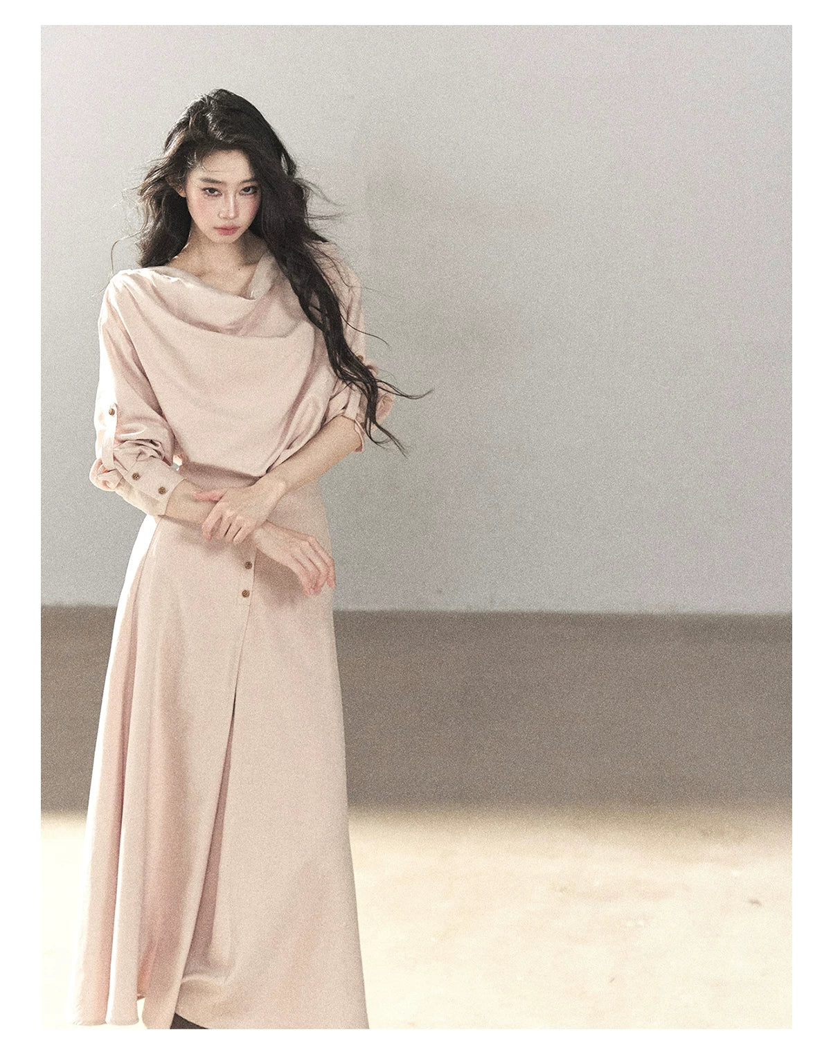 AOMALM - Cinnamon Pink Draped-Neck A-Line Maxi Dress