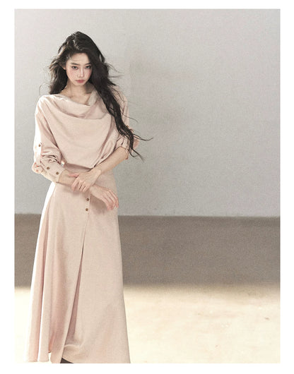 AOMALM - Cinnamon Pink Draped-Neck A-Line Maxi Dress