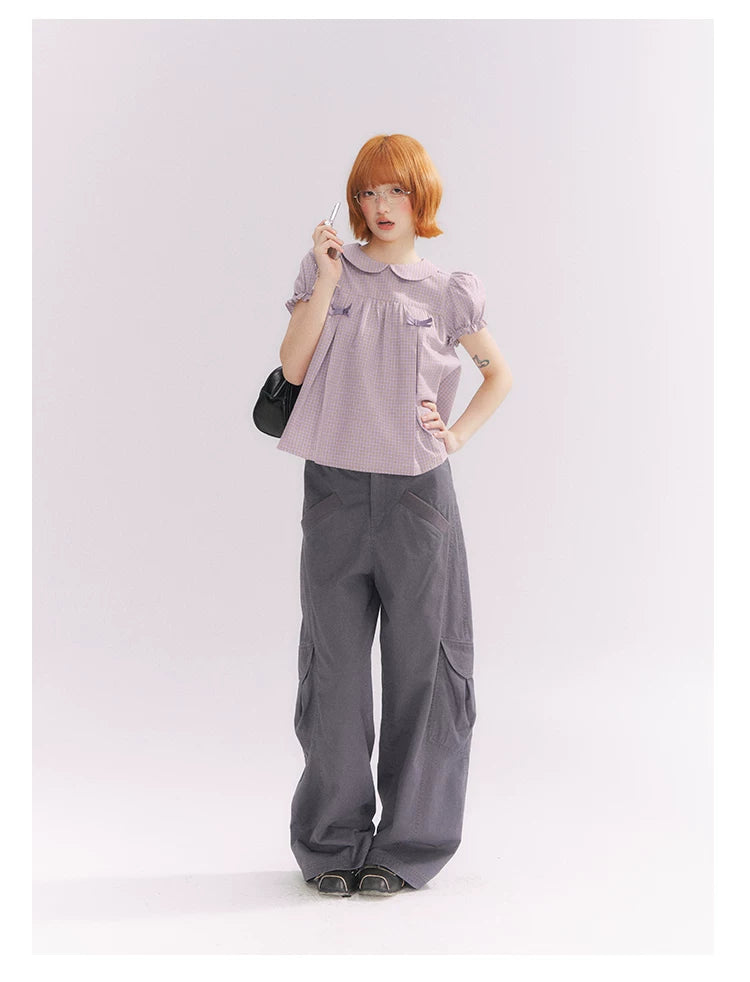 “Taro Milk Candy” Purple Plaid Bow Peter Pan Collar Puff Sleeve Blouse