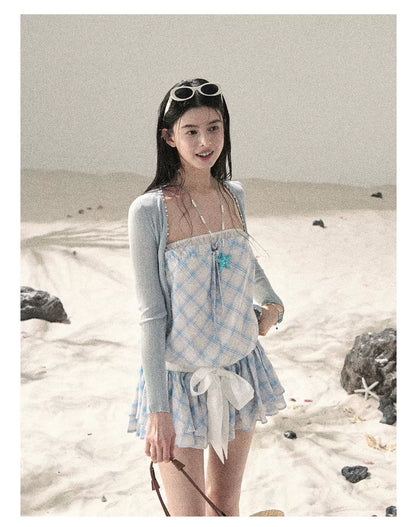 "Breeze Upon the Waves" Ice Crystal Blue Off-Shoulder Diamond Quilted Mini Dress
