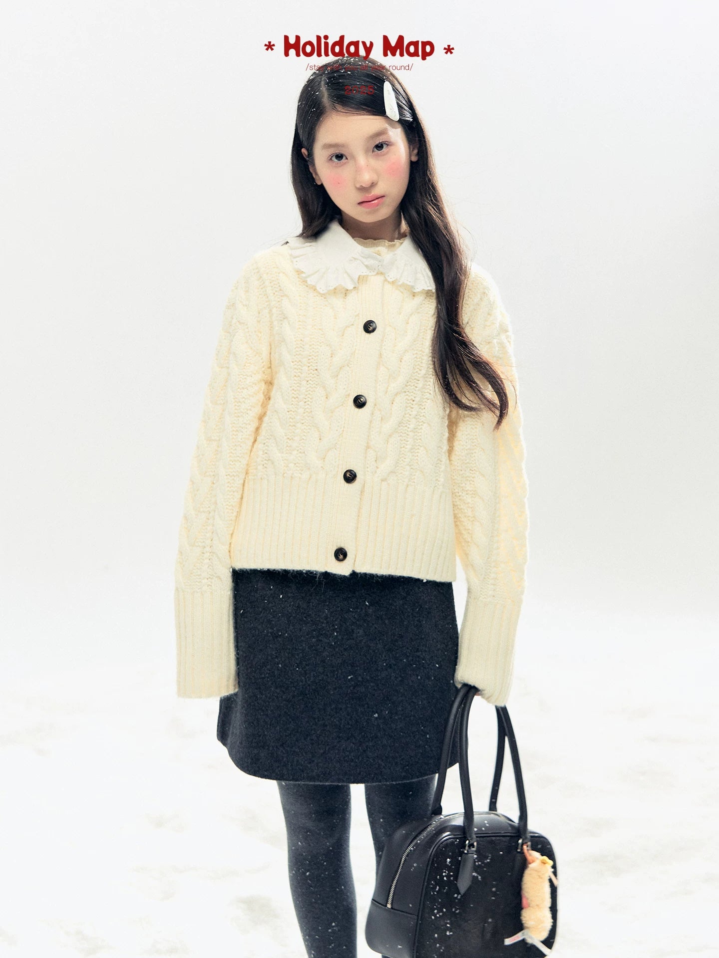 "Cotton Mousse" Cable Knit Cardigan with Detachable Ruffle Collar (Cotton Blue/ Soft White)