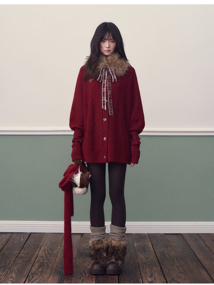 Soote Season - "Vintage Holiday Bow" Burgundy Batwing Faux-Fur Collar Cable-Knit Cardigan