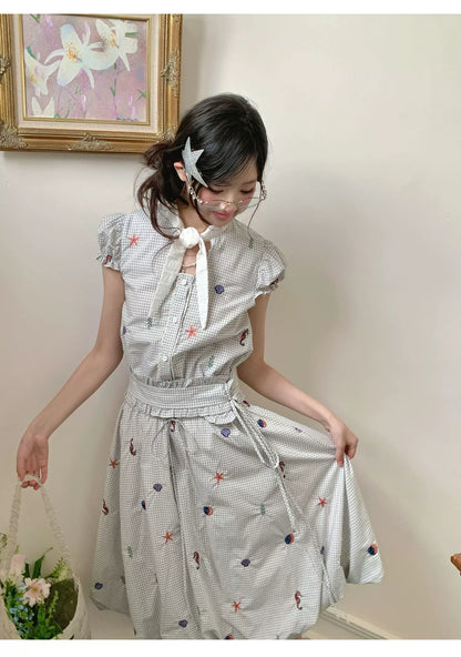 “Seaside Plaid Isle” Ocean Plaid Bubble Hem Dress