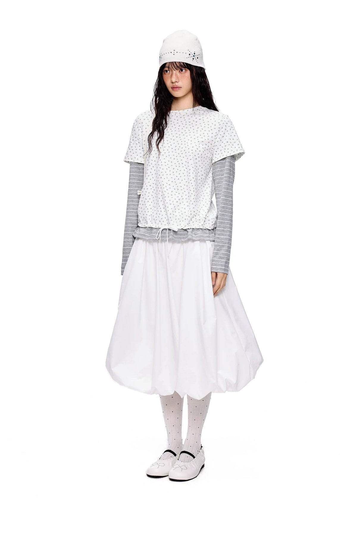 EZEK | Cloud Flower Bubble Skirt A-Line Midi (Black / White / Tan / Gray)