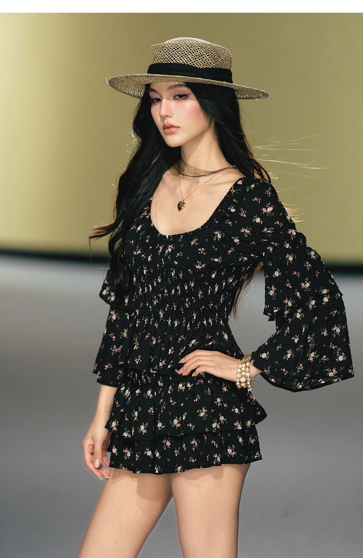 "Midnight Tea Garden" Black Floral Ruffle Blouse & Tiered Mini Skirt Set