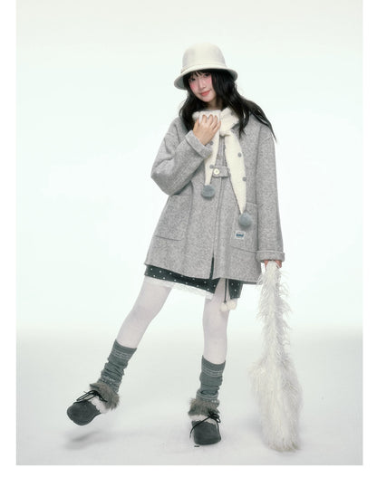 BIBIBENCY - Gray Wool-Blend Single-Breasted Coat (With White Scarf)