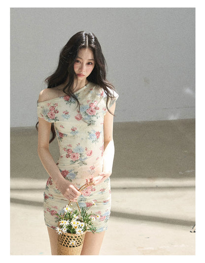 "Flowers & Sunlight" Dutch Cream Off-Shoulder Mesh Bodycon Mini Dress