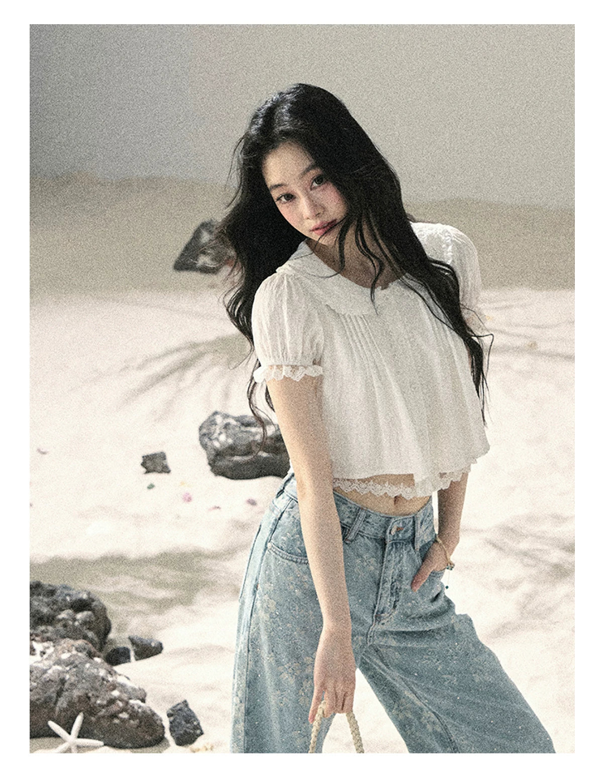 "Speechless Moonlight" Cloud White Lace Puff Sleeve Crop Top 74555