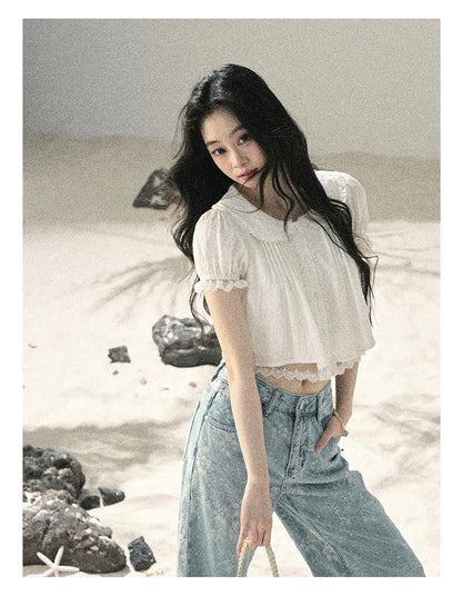 "Speechless Moonlight" Cloud White Lace Puff Sleeve Crop Top 74555