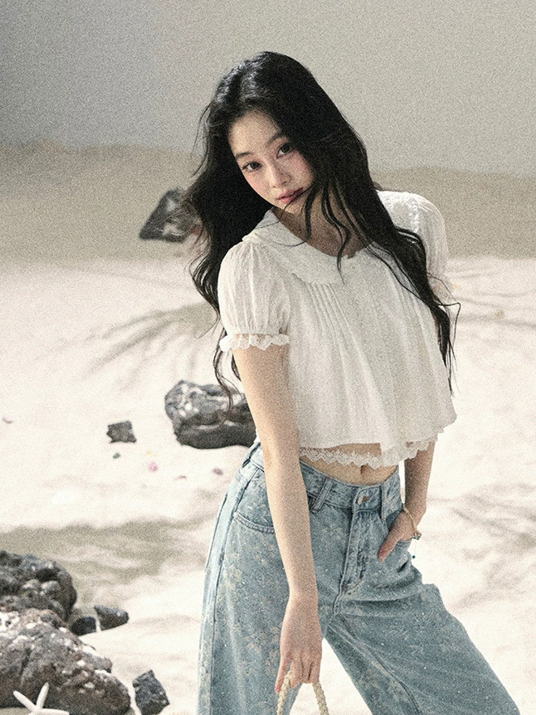"Speechless Moonlight" Cloud White Lace Puff Sleeve Crop Top 74555