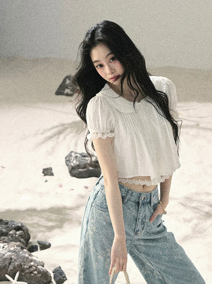 "Speechless Moonlight" Cloud White Lace Puff Sleeve Crop Top 74555