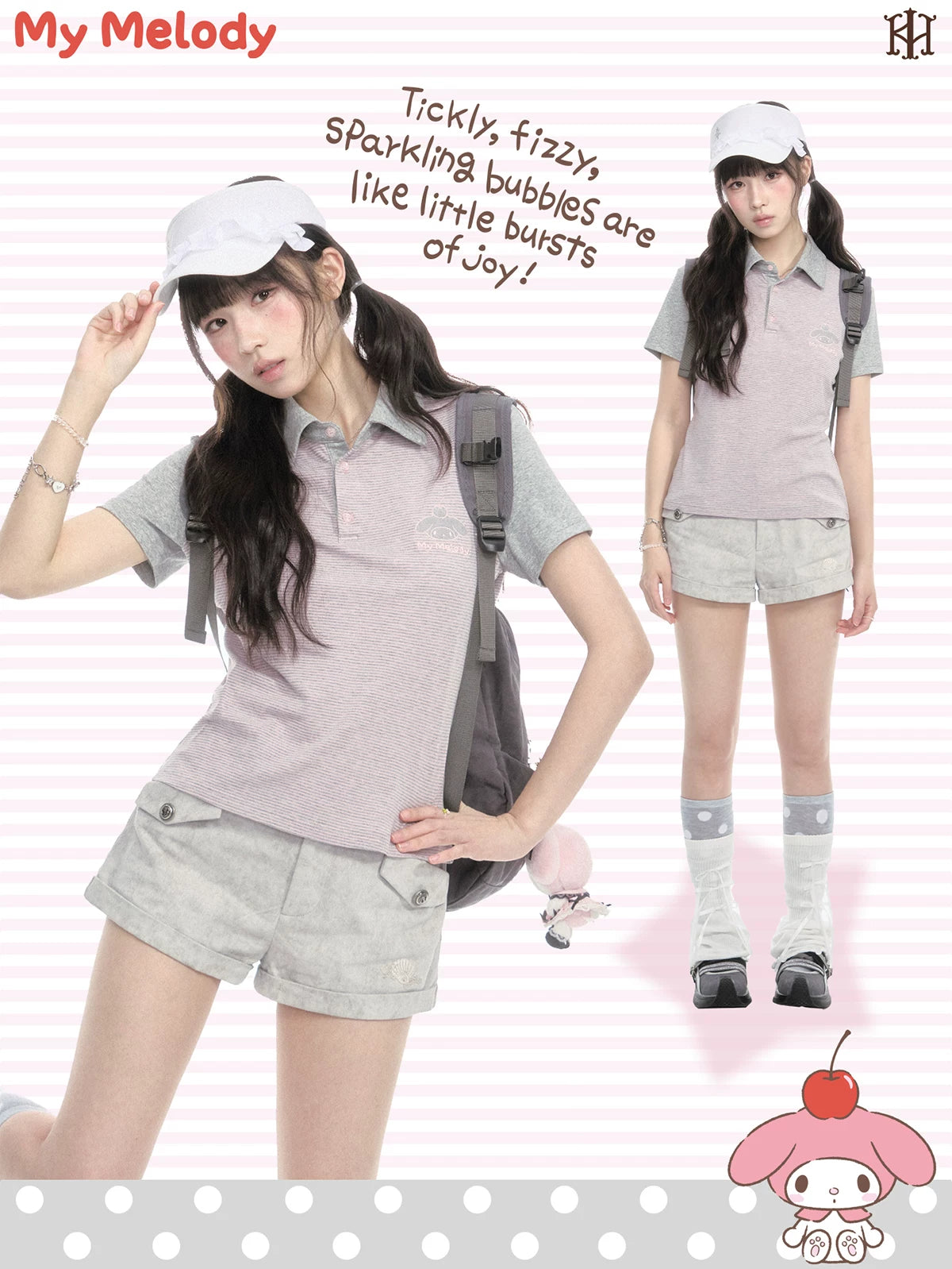 Contrast Stripe Light Gray Pink Polo Collar Short Sleeve Top / Shorts