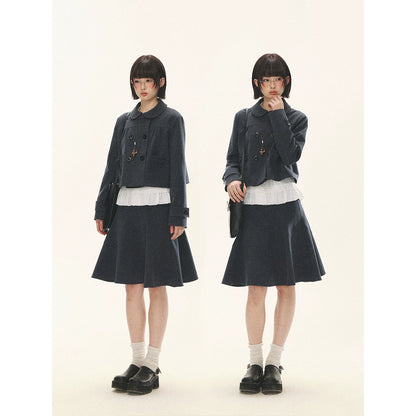 "First Day of Spring" Charcoal Gray Bow Blazer & Asymmetrical Skirt Set