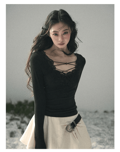 “Lace Summer Haven” Midnight Black Lace V-Neck Top