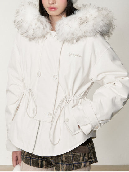 Soote Season - “Cloud Waistline” Cloud Mist White Faux Fur Collar Cinched Puffer Parka