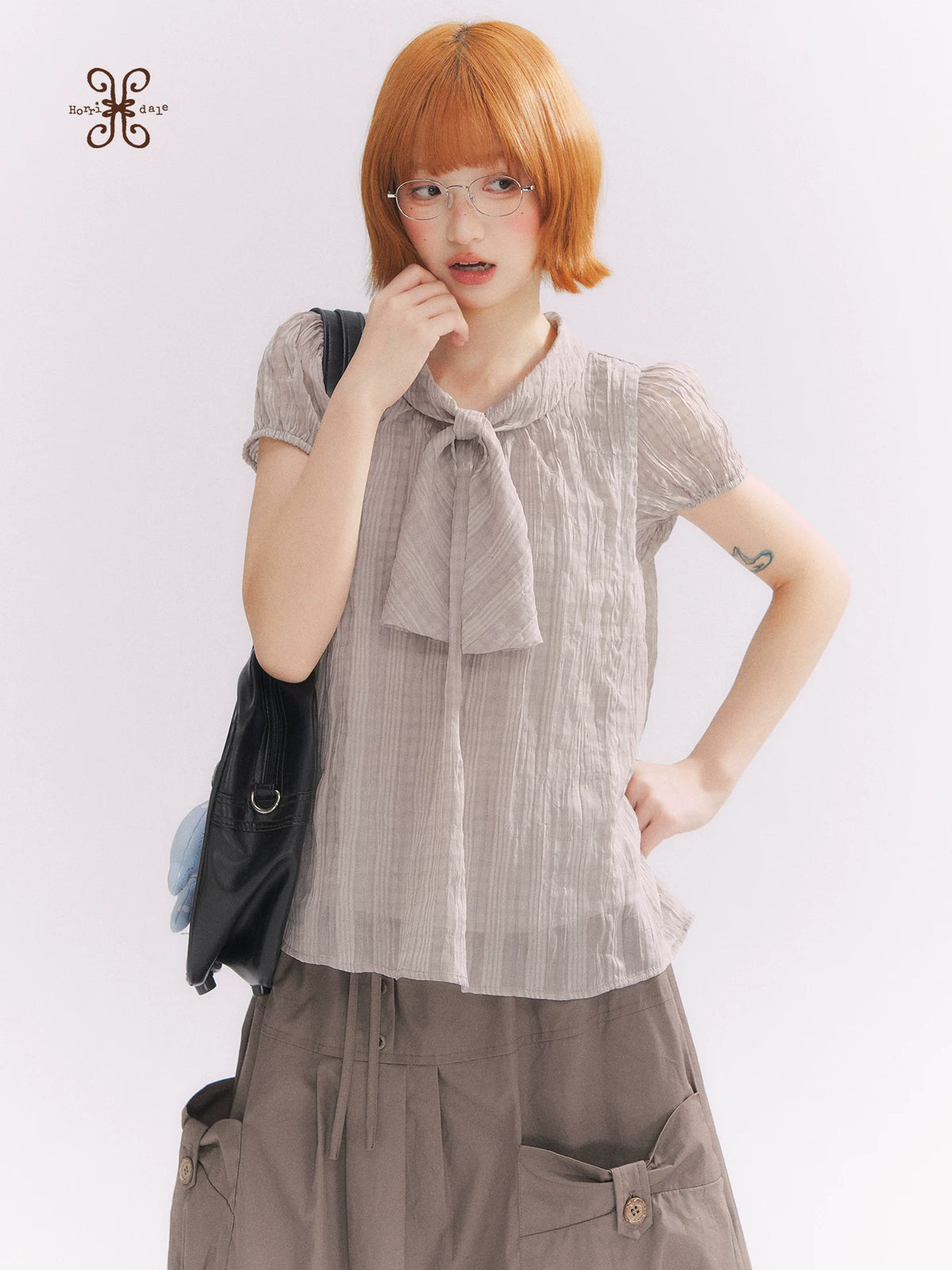 “Formatted Memories” Gray Plaid Textured Bow Tie Puff Sleeve Blouse