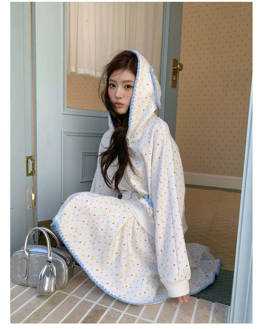 “Snow Bunny Reverie” Ivory Rabbit Ear Hoodie & Floral Pleated Mini Skirt