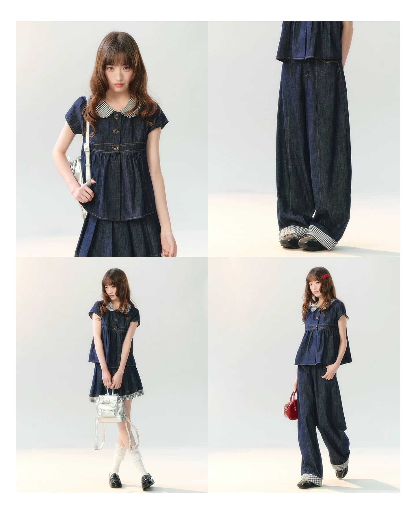 "Denim Check Prelude" Indigo Denim Three-Piece Set
