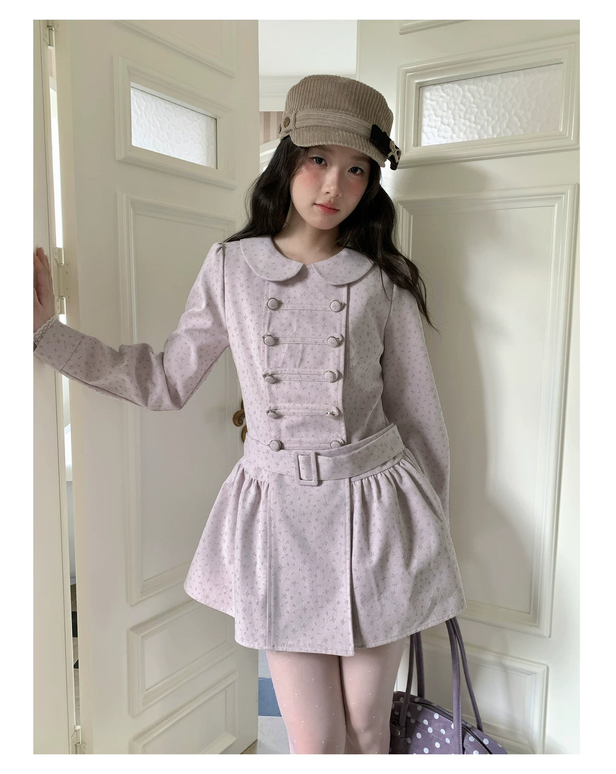 [RF] “Taro Cloud” Pink Double-Breasted Waist-Defined Cape Coat