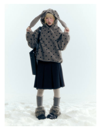 Horridale - Pink Black Polka Dot Sherpa Fleece Hoodie with Bunny Ears
