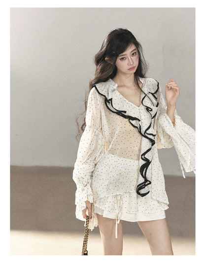 AOMALM - "Gossamer Moonlight" Pearl Shell Chiffon Top & Mini Skirt Set (With Tie & Flower)