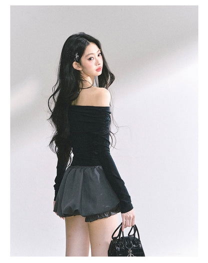 少也眼 "Seoul Toccata" Layered Off-Shoulder Long Sleeve Tee - Black-Gray 2536486