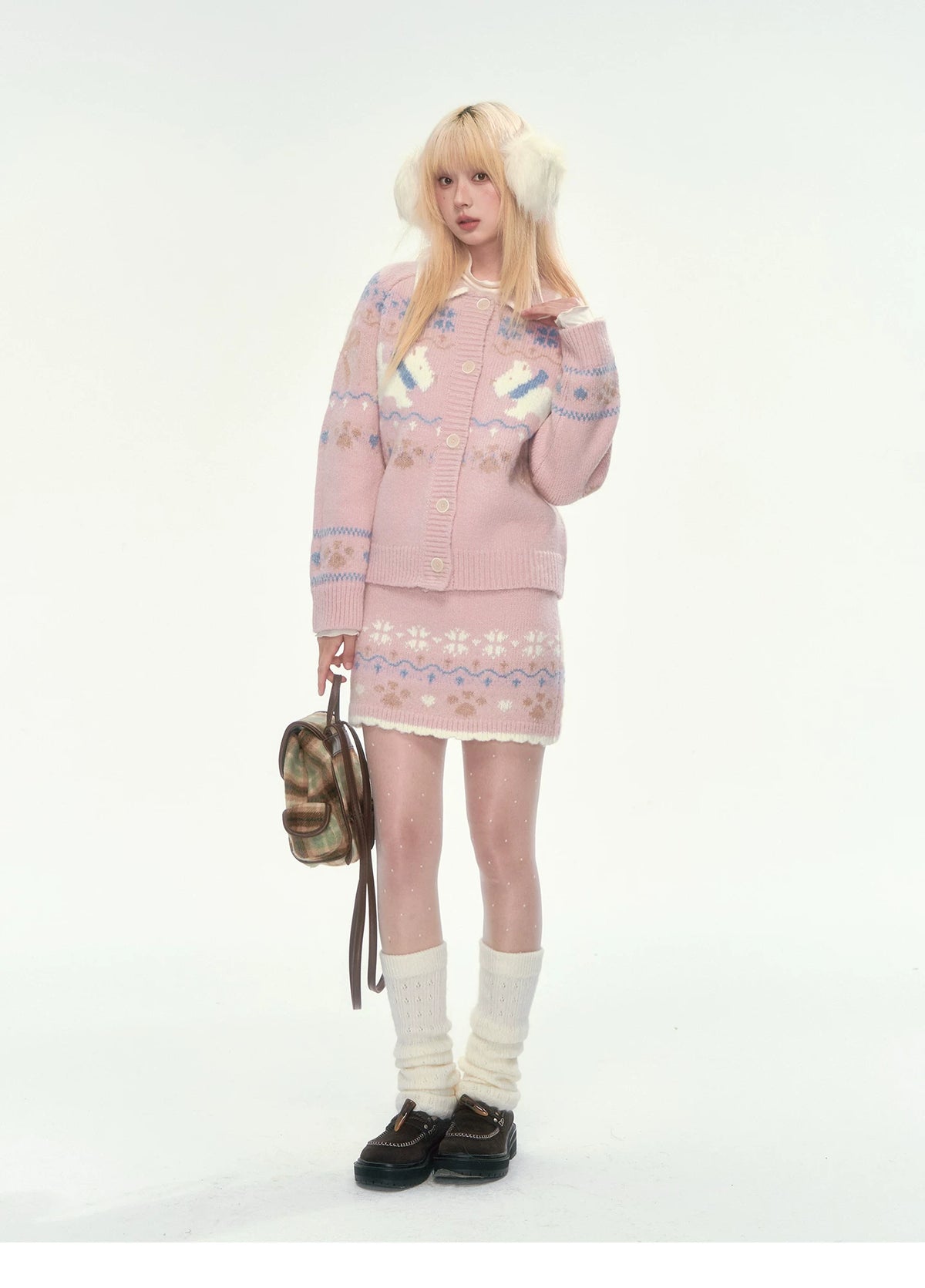 [CAN] Puppy Fair Isle Knit Sweater & Skirt Set (Gray / Pink)