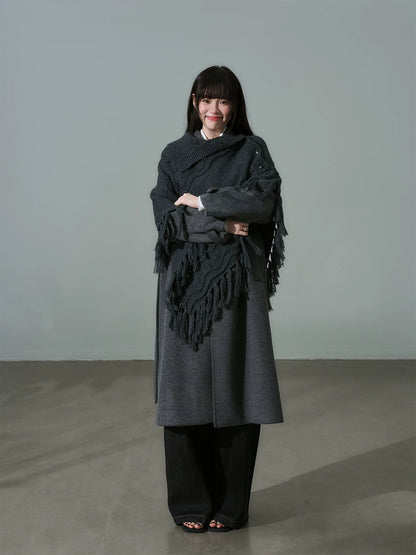 LOST FOREST - Wool-Blend Bow Graphic Fringe Cape Shawl (Coffee / Dark Gray)