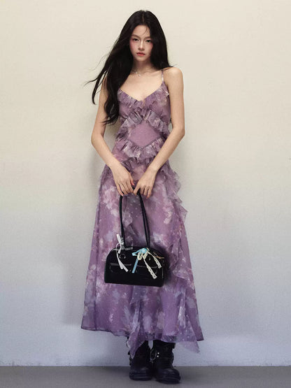 1P - Purple Ombre Floral Ruffle Maxi Dress