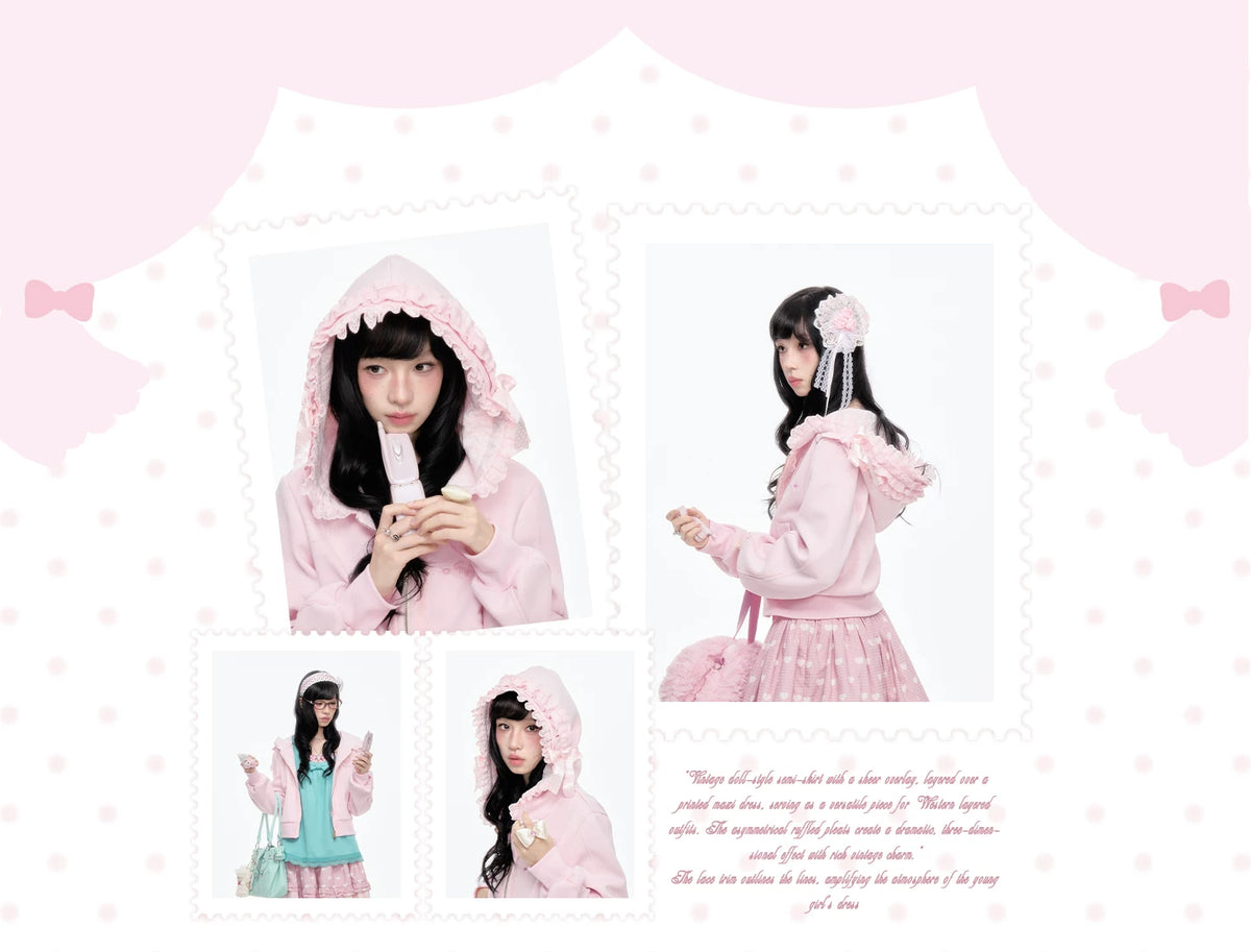 “Ribbon Daydream” Pink Cropped Zip-Up Hoodie