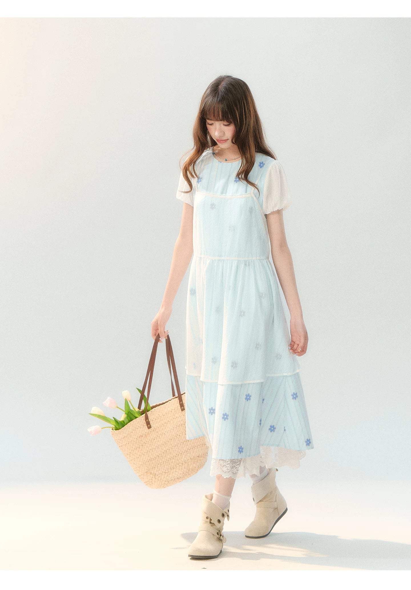 "Soft Bloom Chronicle" Blue Floral Dress & Apricot Cami Set