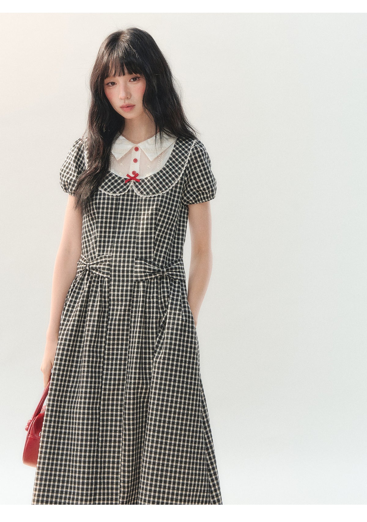 [CAN] "Black Cherry Check" Black Bow Doll Collar Dress