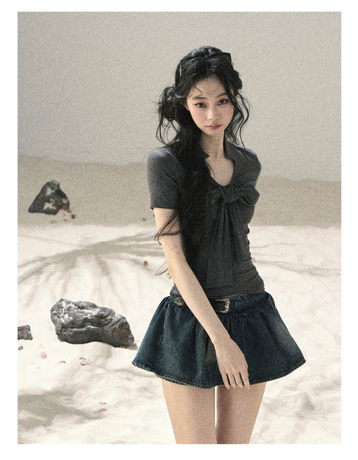 "Breeze Through the Bow" Slate Gray V-Neck Crop Top