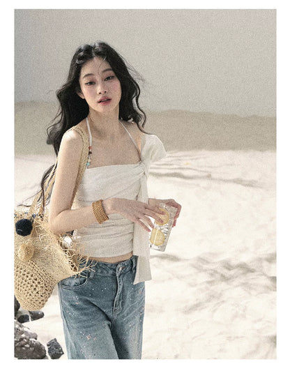 "Fragments of Tenderness" Frost White Halter Twist Crop Top