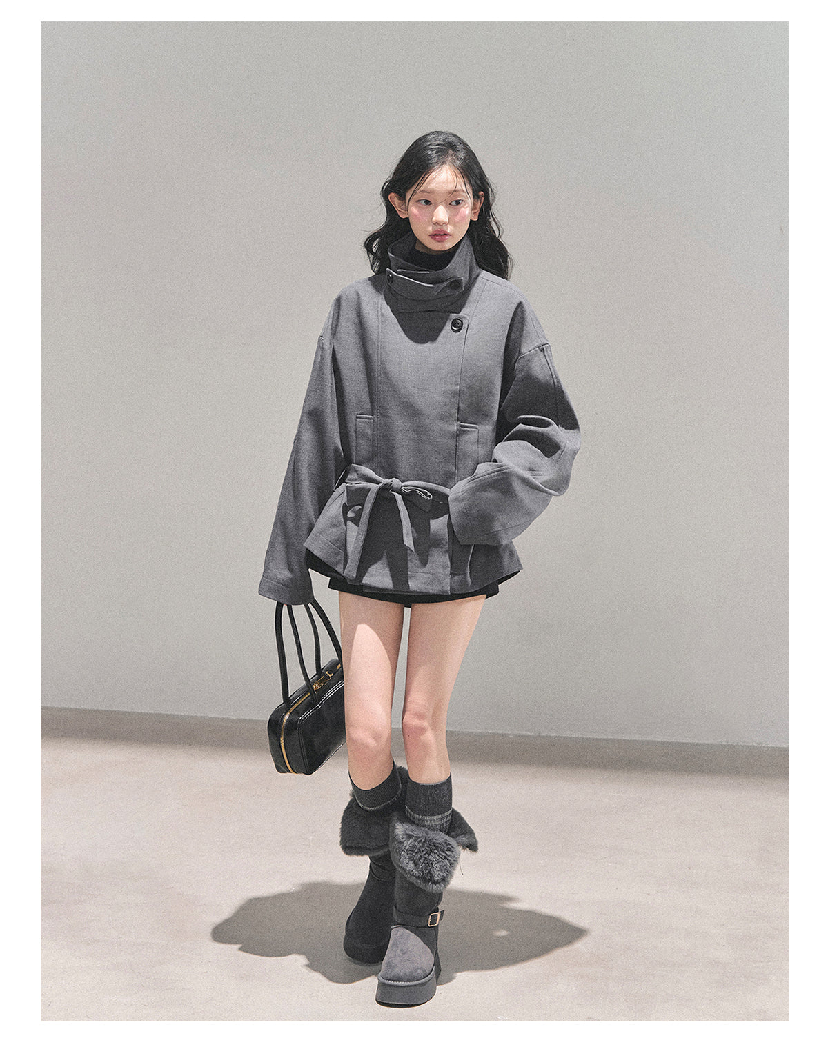 少也眼 “First Snow, Softened” Hepburn-Style Winter Trench Coat - Gray 941615