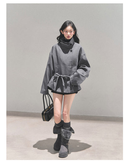 少也眼 “First Snow, Softened” Hepburn-Style Winter Trench Coat - Gray 941615