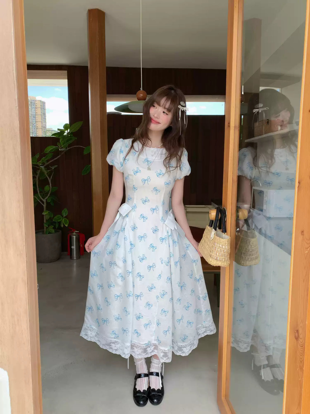 [RF] “Blue Butterfly Letter” Light Blue Floral Bow Midi Dress