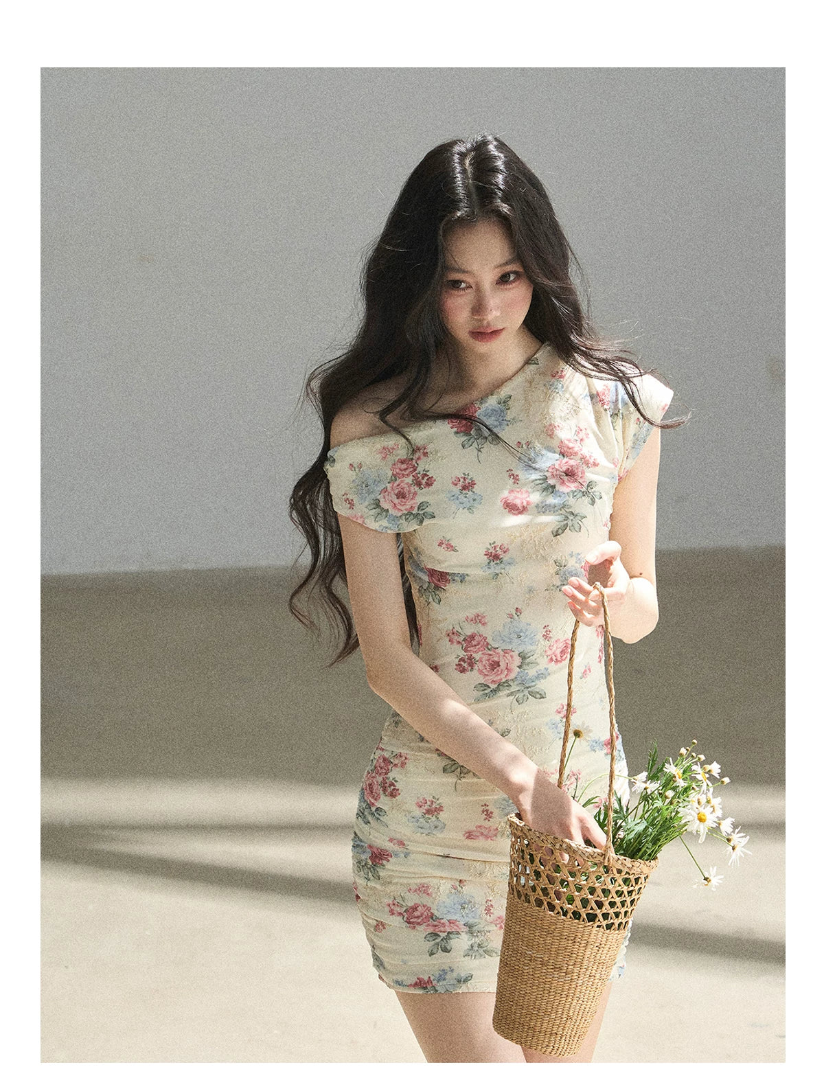 "Flowers & Sunlight" Dutch Cream Off-Shoulder Mesh Bodycon Mini Dress