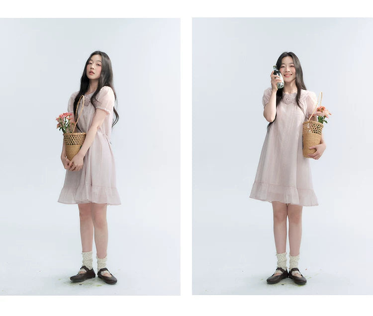 "Misty Wild Rose" Detachable Rose Lace Trim Puff Sleeve Midi Dress