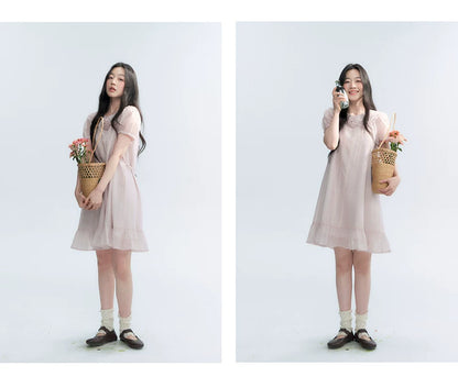 "Misty Wild Rose" Detachable Rose Lace Trim Puff Sleeve Midi Dress