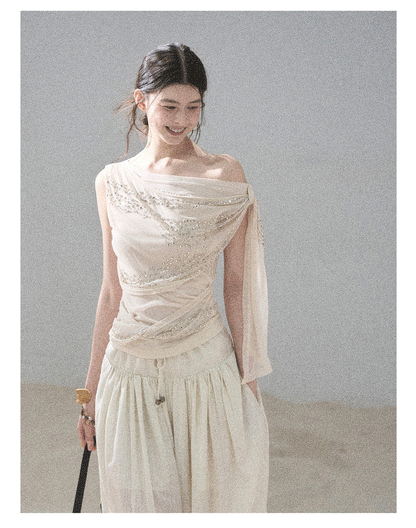 “Frosted Kiss” Dutch Cheese Crystal Mesh Sleeveless Top