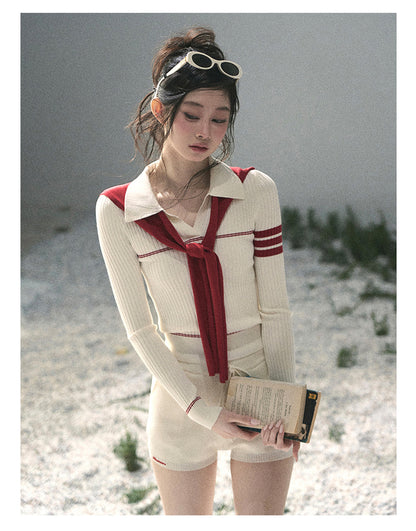 “Delhi Academy” Ivory Polo Knit Set with Angora Red Scarf