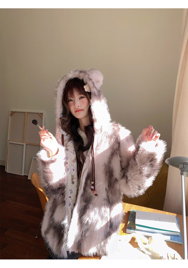 阮阮自制 - "Sweet Beauty Mark" Ombre Faux Fur Hooded Puffer Jacket