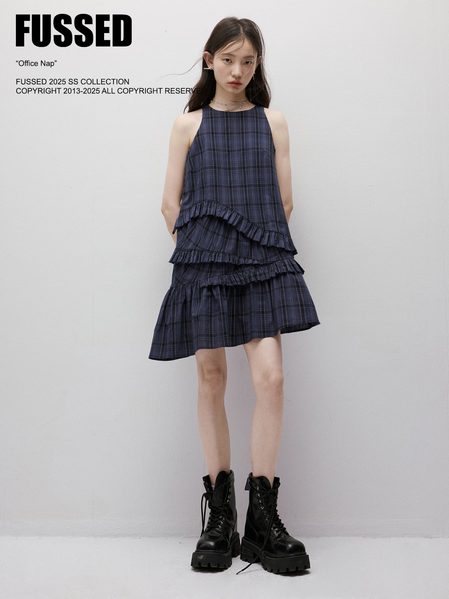 FUSSED Asymmetric Ruffle Plaid Dress – Midnight Blue FOF-25SS026