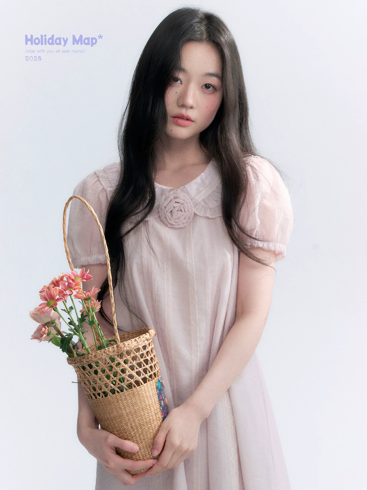 "Misty Wild Rose" Detachable Rose Lace Trim Puff Sleeve Midi Dress