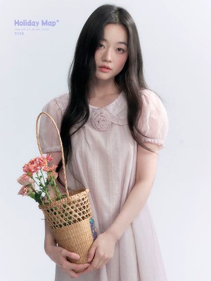"Misty Wild Rose" Detachable Rose Lace Trim Puff Sleeve Midi Dress