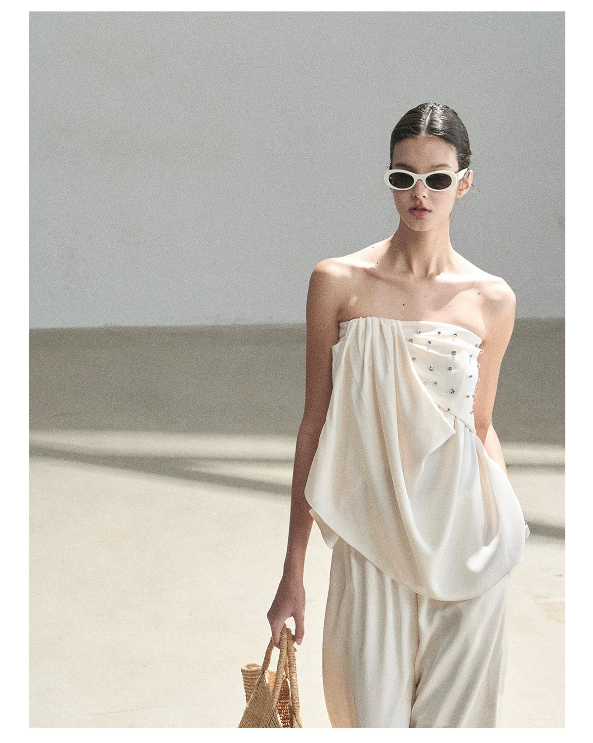 "Summer Rain at Dusk" Cream Beige Satin Two-Piece Set